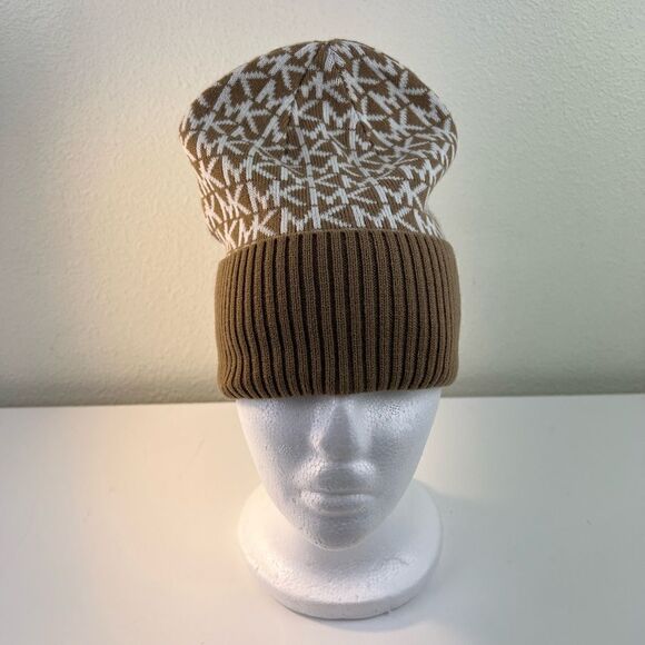 Michael Kors MK Repeat Logo Knitted Beanie Hat, Camel /Cream, One Size - Picture 3 of 5